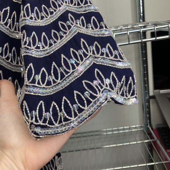 Vintage Frank Usher Women's‎ Navy Silver Details Silk Beaded Top Size S Dressy - Picture 9 of 12